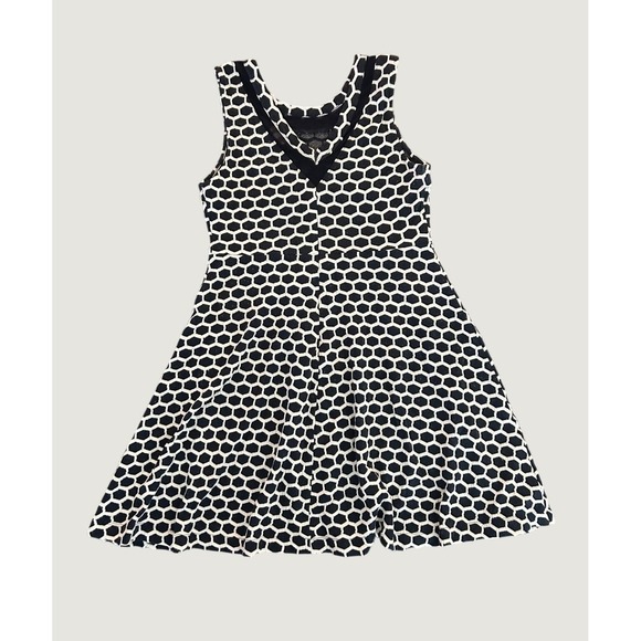 Pixley Dresses & Skirts - Pixley Navy Blue White Honeycomb Geometric V-Neck Fit Flare Dress Large 1407